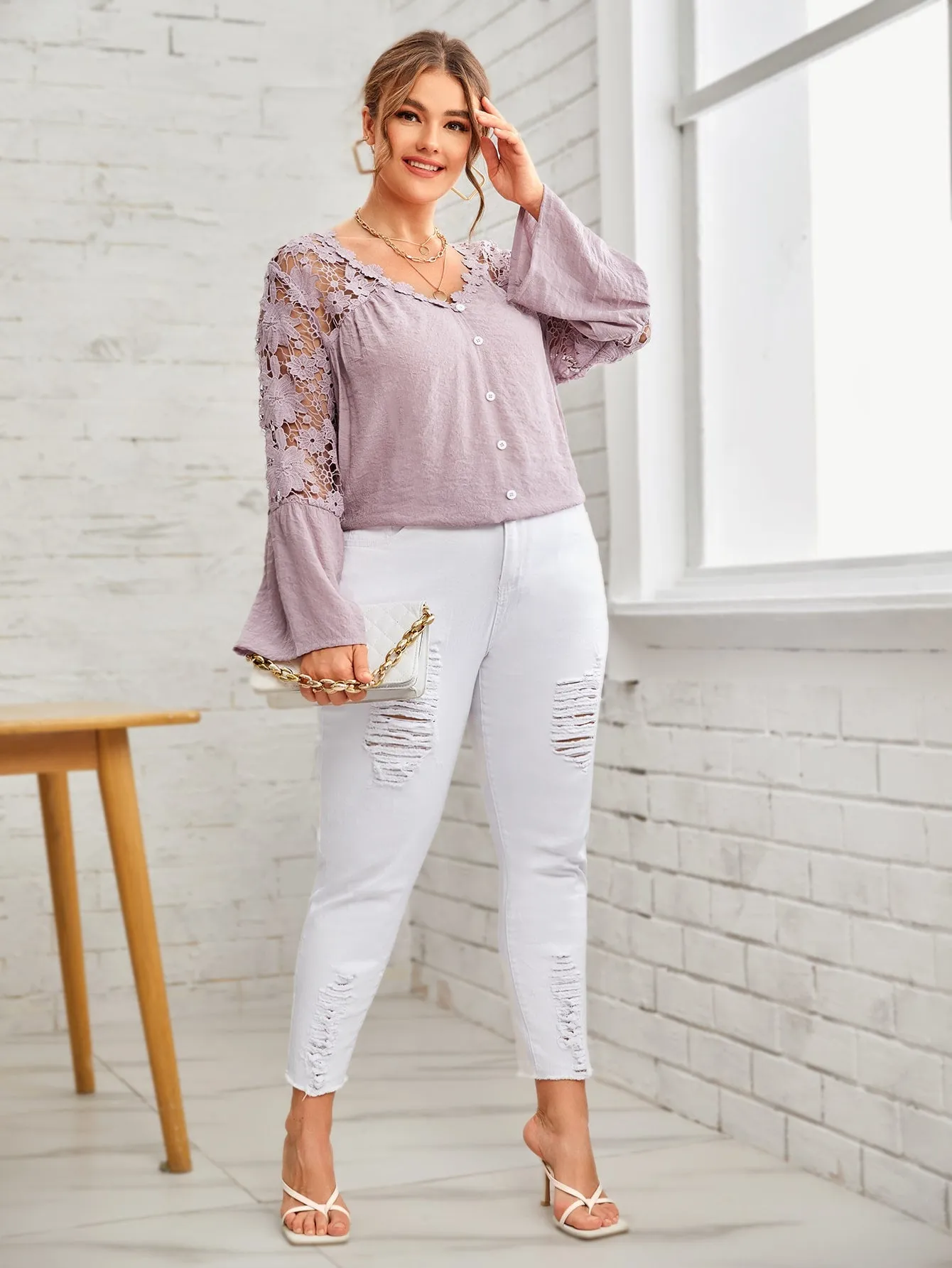 Plain Contrast Lace Long Sleeve V Neck Regular Plus Blouse