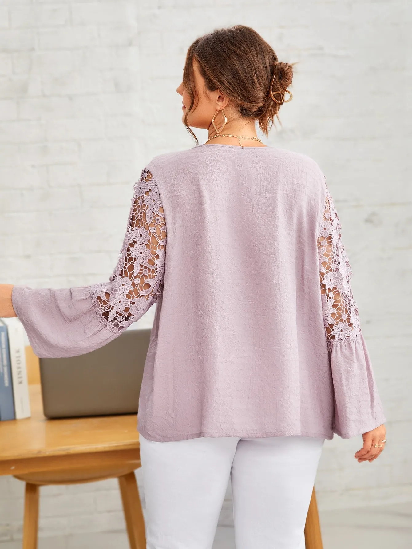 Plain Contrast Lace Long Sleeve V Neck Regular Plus Blouse