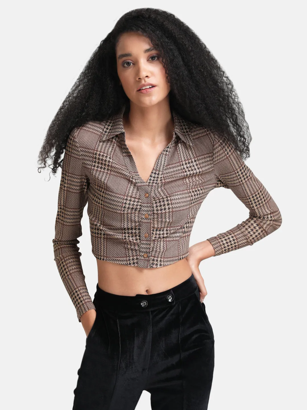Printed Lurex Cropped Shirt With Ruching