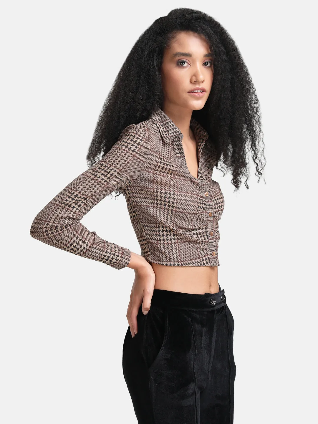 Printed Lurex Cropped Shirt With Ruching
