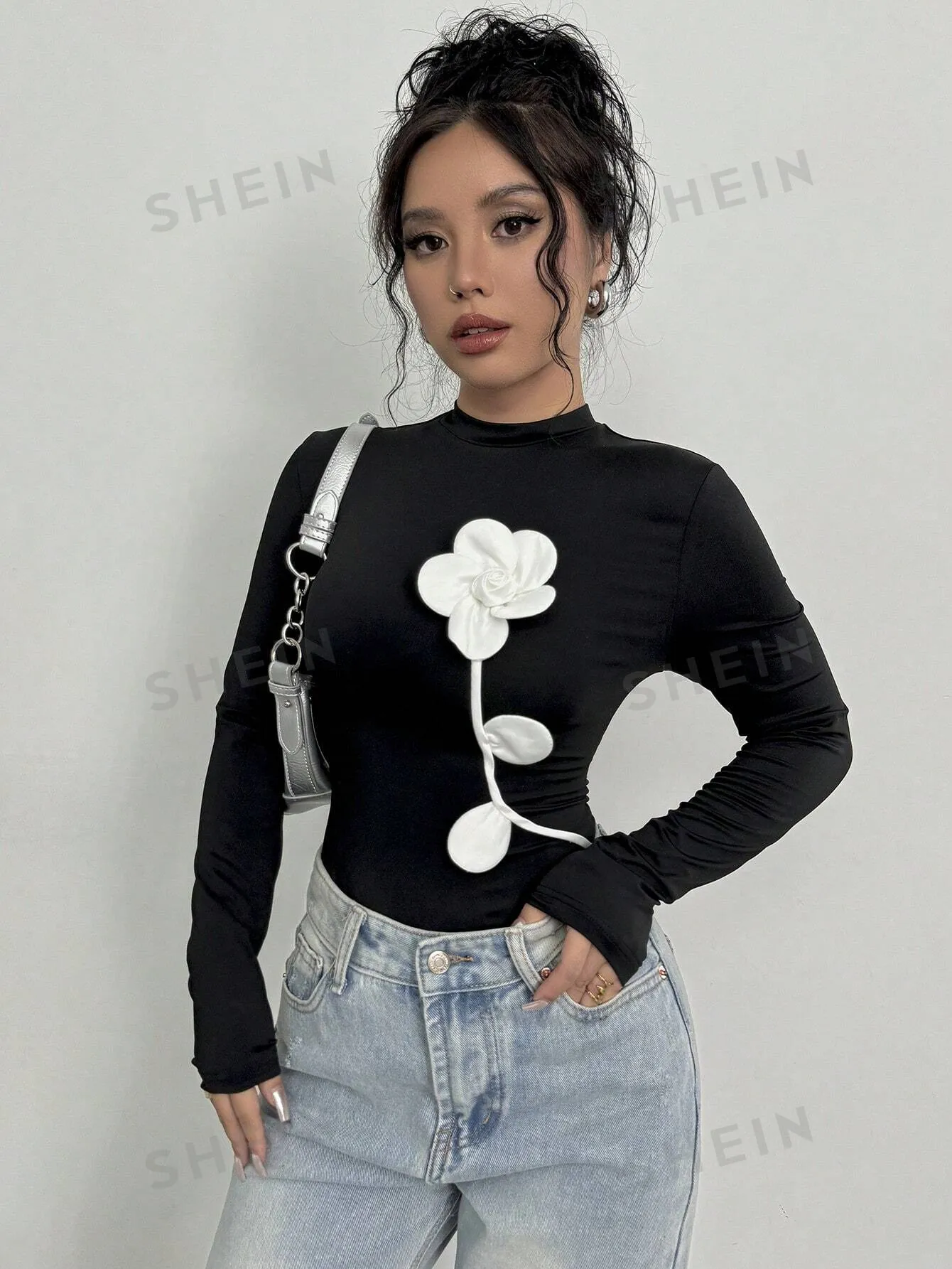 Privé Women's Elegant Vintage Style Floral 3D Print Long Sleeve Slim Fit T-Shirt