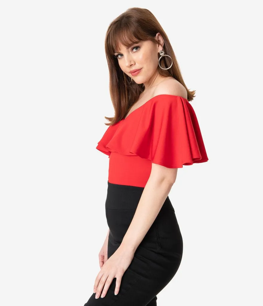 Red Off Shoulder Ruffle Frenchie Top