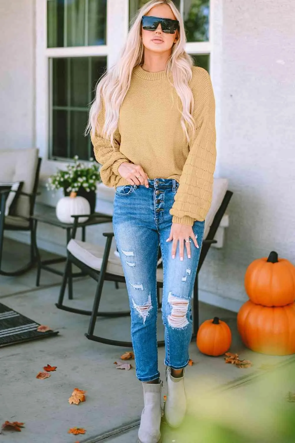 Refreshing And Warm Crew Neck Waffle Knit Sweater