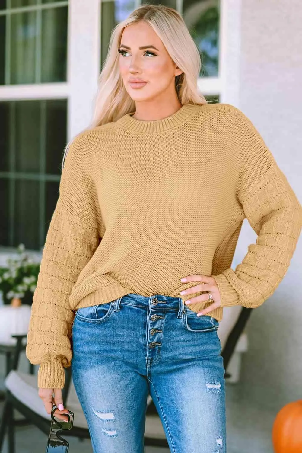 Refreshing And Warm Crew Neck Waffle Knit Sweater