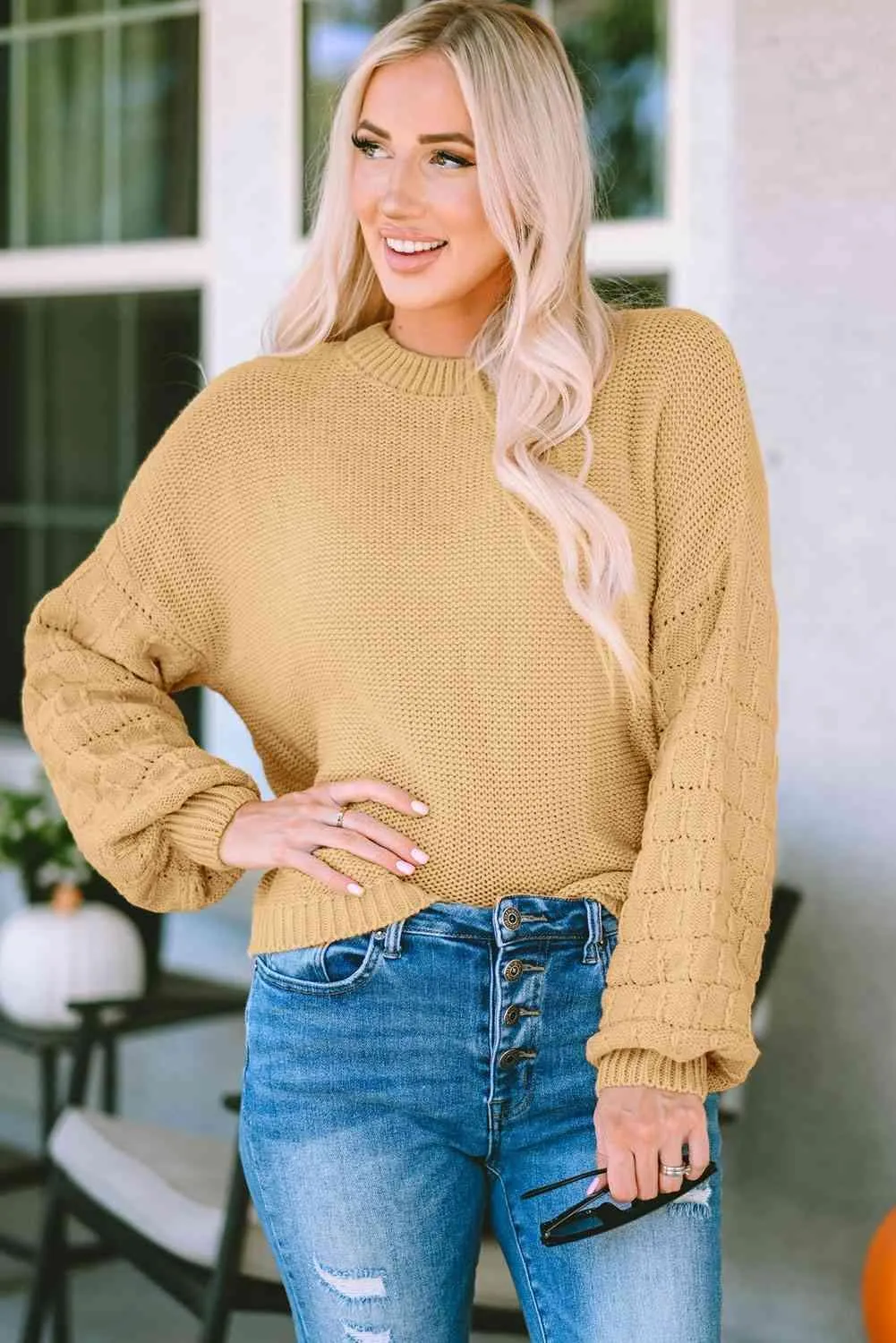 Refreshing And Warm Crew Neck Waffle Knit Sweater