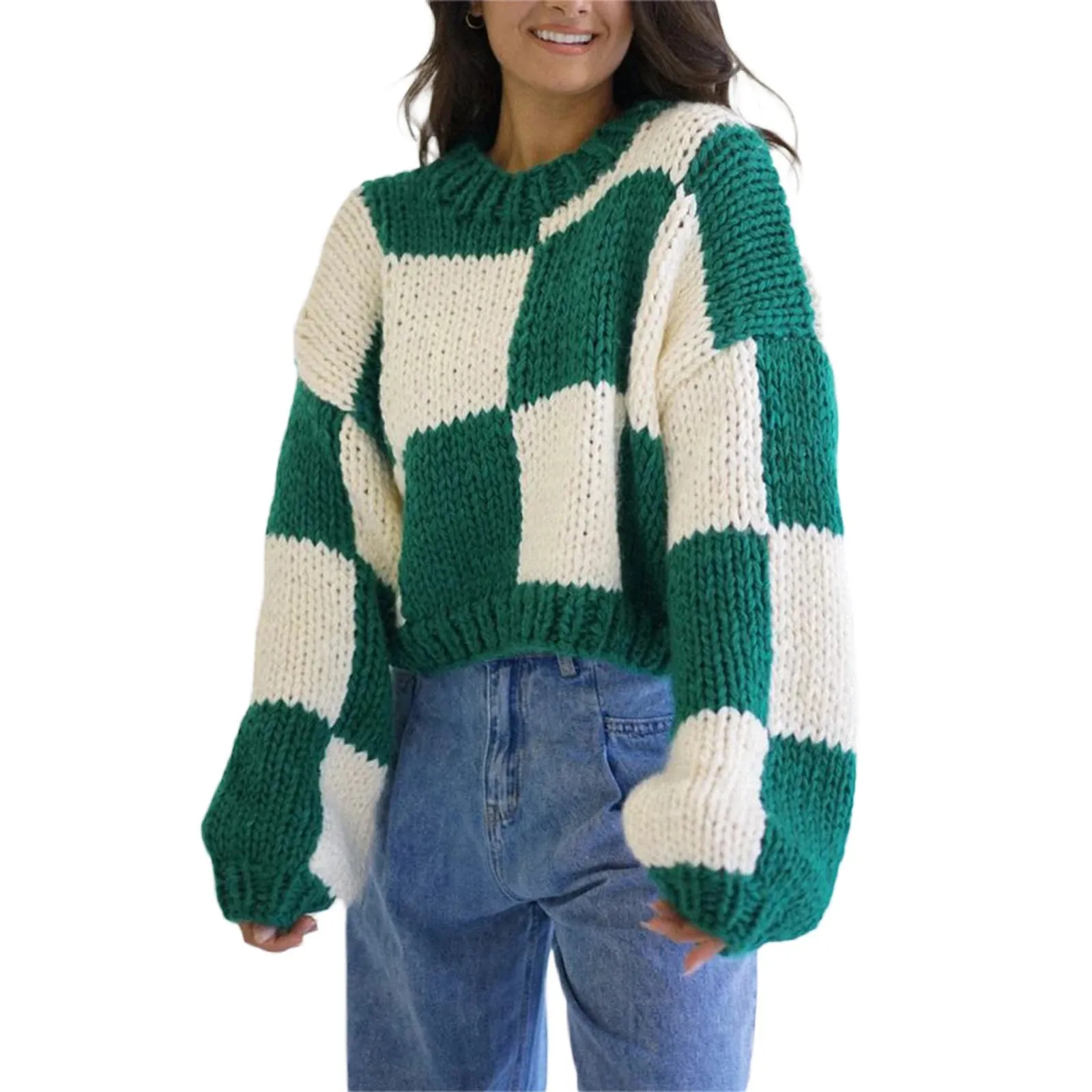 thanksgiving outfit Joskaa Women Comfy Sweaters Casual Warm Plaid Print Long Sleeve Pullover Basic Knitwear for Fall Streetwear