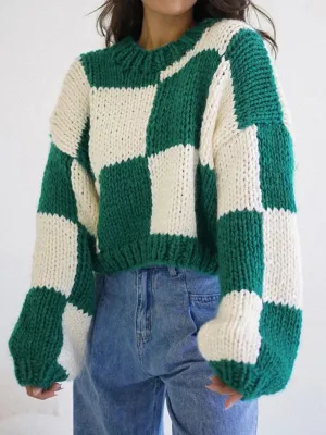 thanksgiving outfit Joskaa Women Comfy Sweaters Casual Warm Plaid Print Long Sleeve Pullover Basic Knitwear for Fall Streetwear