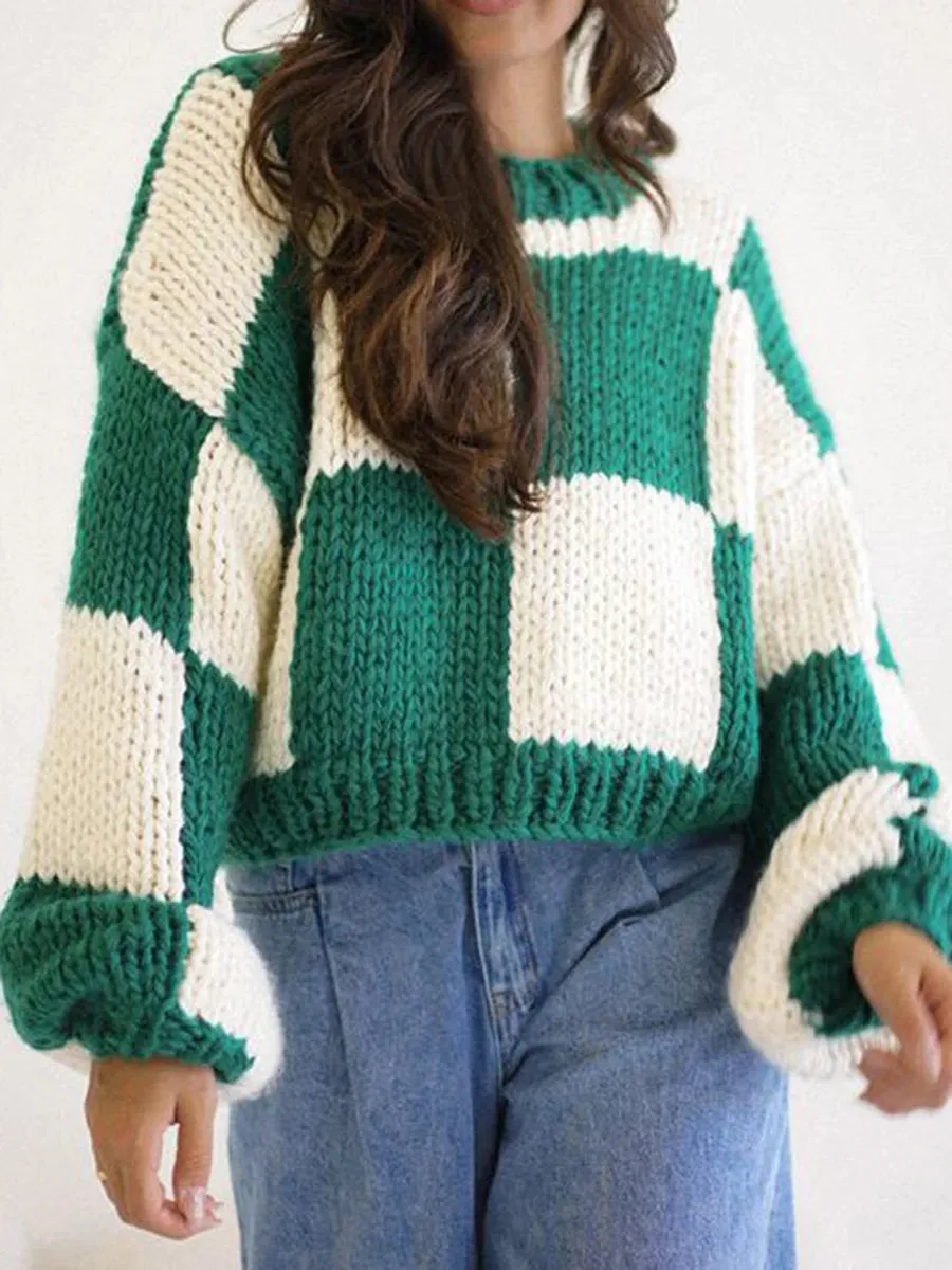 thanksgiving outfit Joskaa Women Comfy Sweaters Casual Warm Plaid Print Long Sleeve Pullover Basic Knitwear for Fall Streetwear