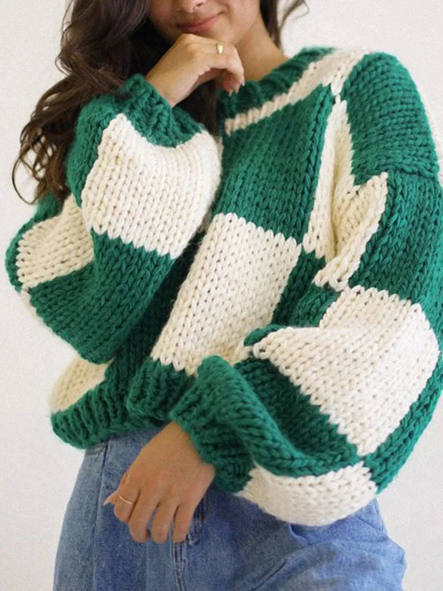 thanksgiving outfit Joskaa Women Comfy Sweaters Casual Warm Plaid Print Long Sleeve Pullover Basic Knitwear for Fall Streetwear