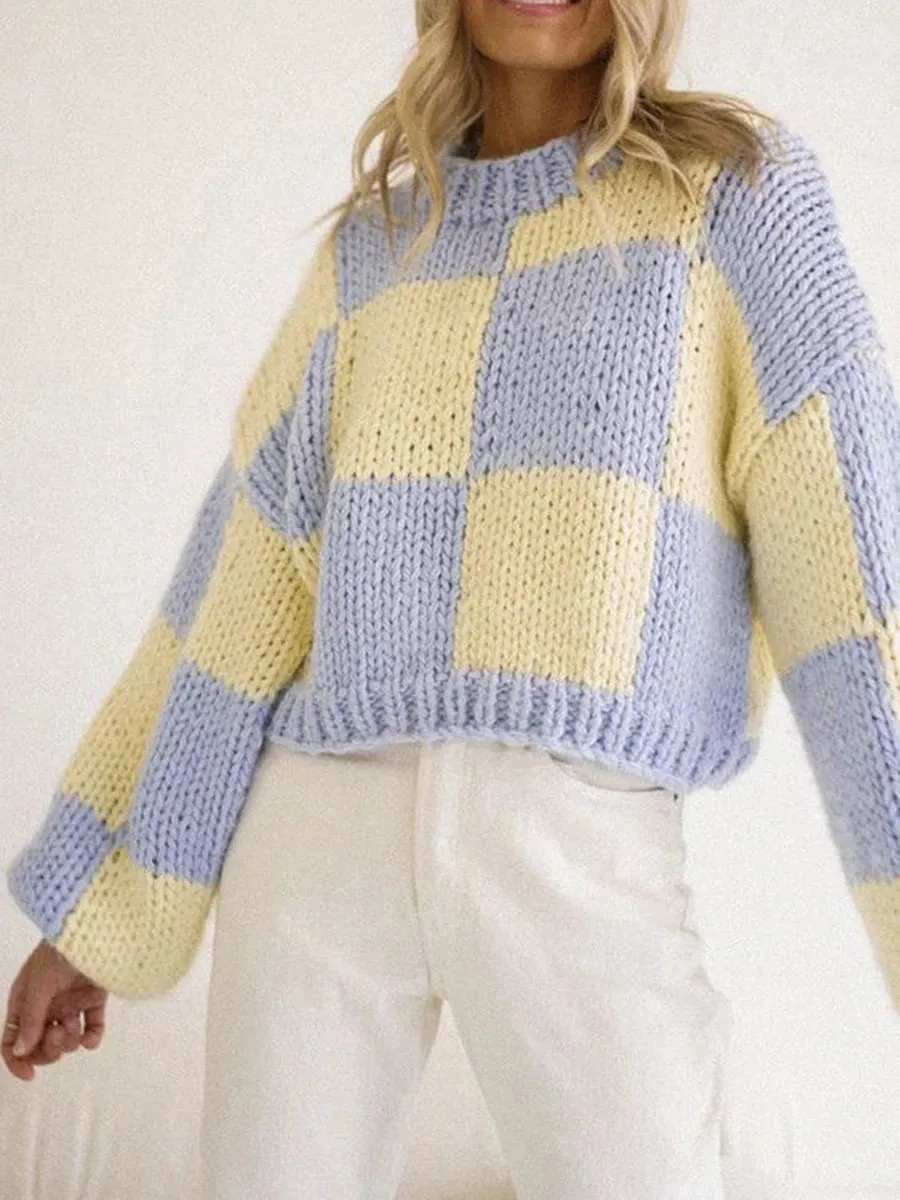 thanksgiving outfit Joskaa Women Comfy Sweaters Casual Warm Plaid Print Long Sleeve Pullover Basic Knitwear for Fall Streetwear
