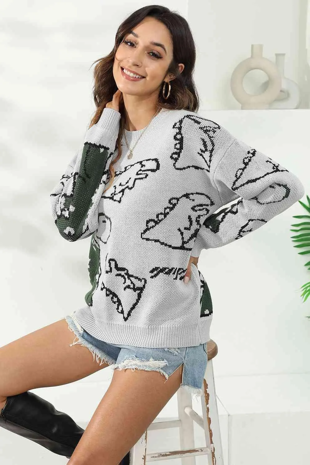 Uniquely Warm Crew Neck Dinosaur Sweater