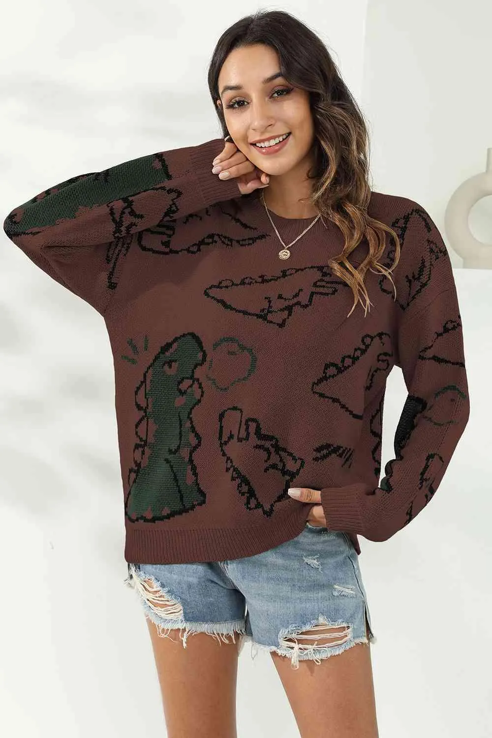 Uniquely Warm Crew Neck Dinosaur Sweater