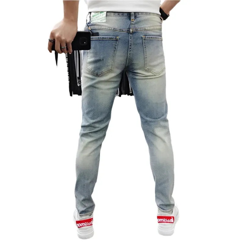 Vintage Men’s Skinny Ripped Jeans – High-Quality Spliced Embroidery Denim Pants for Hip-Hop Streetwear