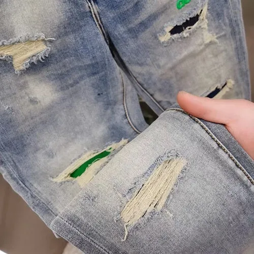 Vintage Men’s Skinny Ripped Jeans – High-Quality Spliced Embroidery Denim Pants for Hip-Hop Streetwear