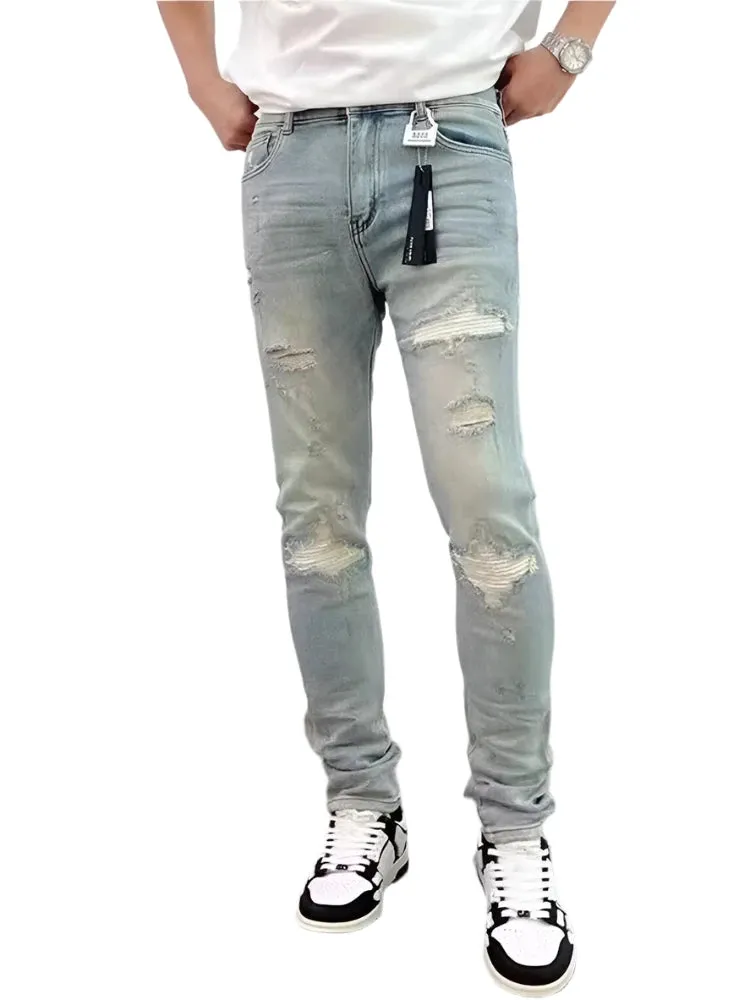 Vintage Men’s Skinny Ripped Jeans – High-Quality Spliced Embroidery Denim Pants for Hip-Hop Streetwear