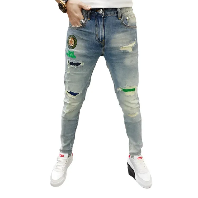 Vintage Men’s Skinny Ripped Jeans – High-Quality Spliced Embroidery Denim Pants for Hip-Hop Streetwear