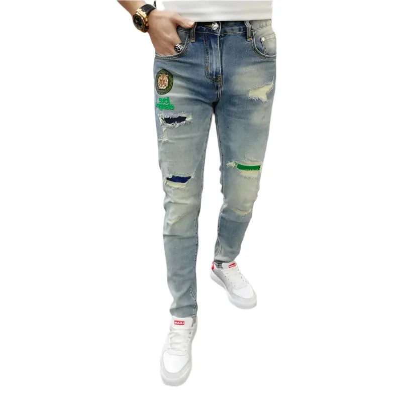Vintage Men’s Skinny Ripped Jeans – High-Quality Spliced Embroidery Denim Pants for Hip-Hop Streetwear