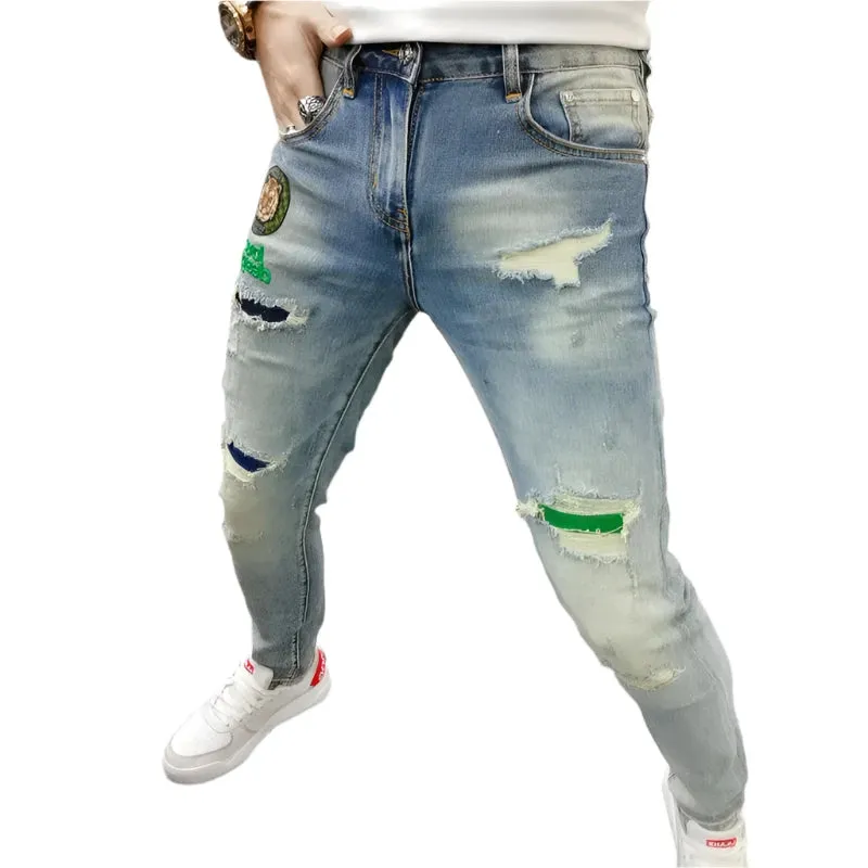 Vintage Men’s Skinny Ripped Jeans – High-Quality Spliced Embroidery Denim Pants for Hip-Hop Streetwear