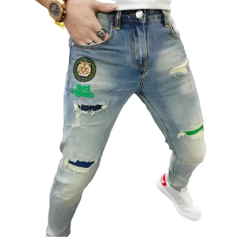 Vintage Men’s Skinny Ripped Jeans – High-Quality Spliced Embroidery Denim Pants for Hip-Hop Streetwear