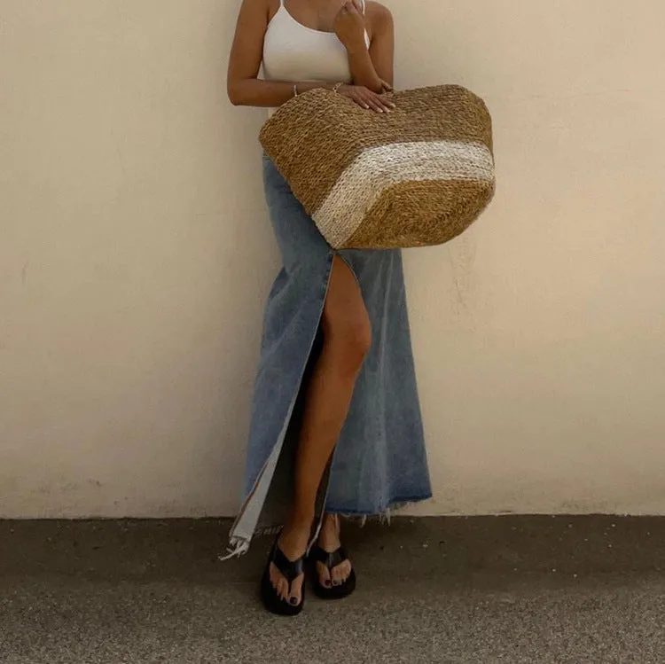 Vintage Wash Denim Maxi Skirt #158140