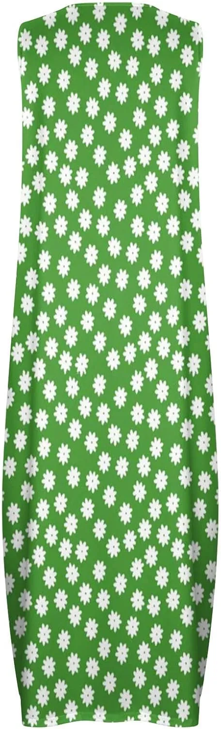 Women's Fashion Maxi Dresses Floral Boho Summer Dress Printed V Neck Sleeveless Casual Sundress with Pockets