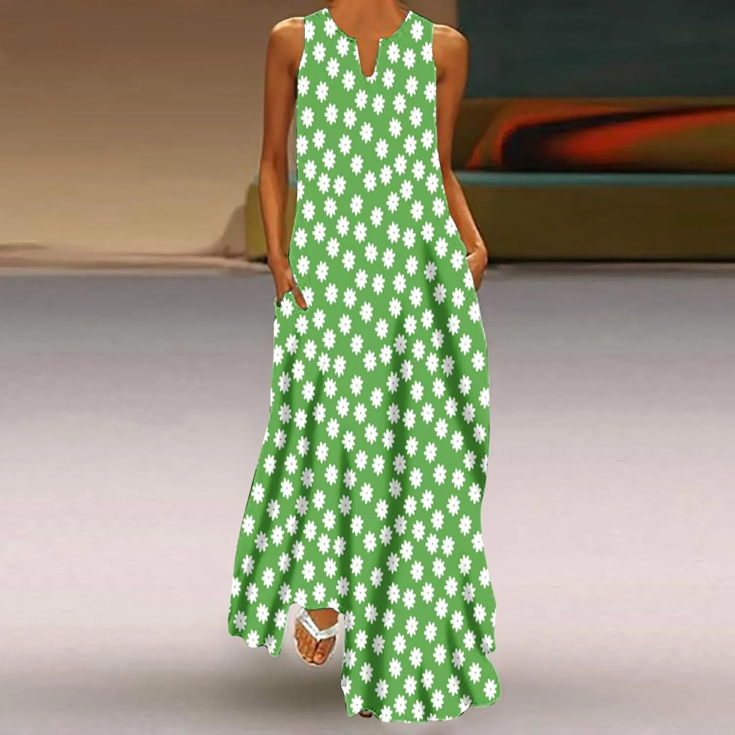 Women's Fashion Maxi Dresses Floral Boho Summer Dress Printed V Neck Sleeveless Casual Sundress with Pockets