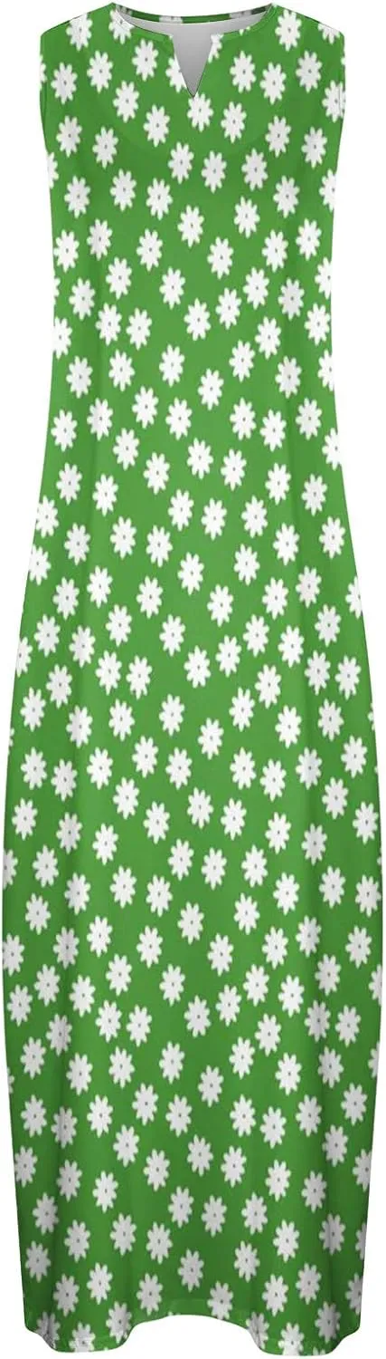 Women's Fashion Maxi Dresses Floral Boho Summer Dress Printed V Neck Sleeveless Casual Sundress with Pockets