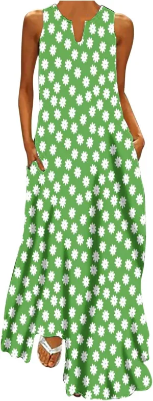 Women's Fashion Maxi Dresses Floral Boho Summer Dress Printed V Neck Sleeveless Casual Sundress with Pockets