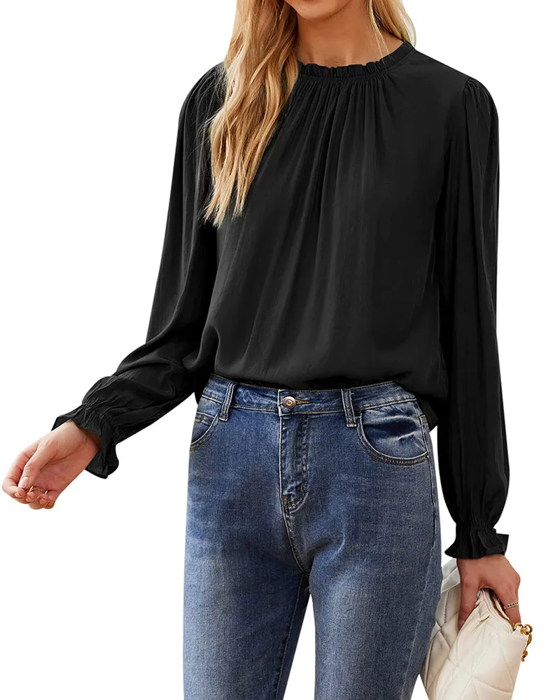 Women's Frill Mock Neck Blouse Long Sleeve Ruffle Shirt Top Elegant Office Tops S-XXL - Zeagoo (Us Only)