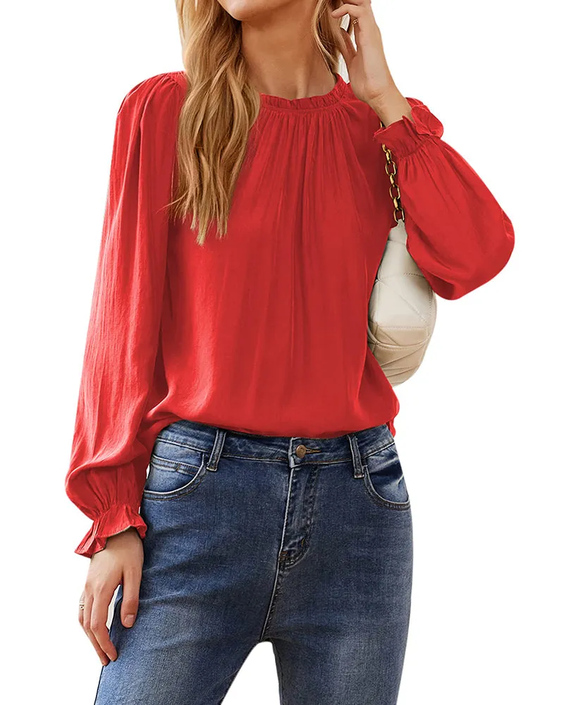 Women's Frill Mock Neck Blouse Long Sleeve Ruffle Shirt Top Elegant Office Tops S-XXL - Zeagoo (Us Only)