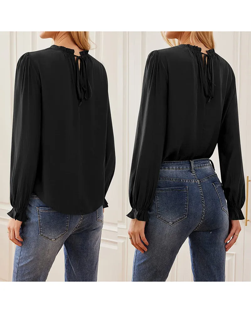 Women's Frill Mock Neck Blouse Long Sleeve Ruffle Shirt Top Elegant Office Tops S-XXL - Zeagoo (Us Only)