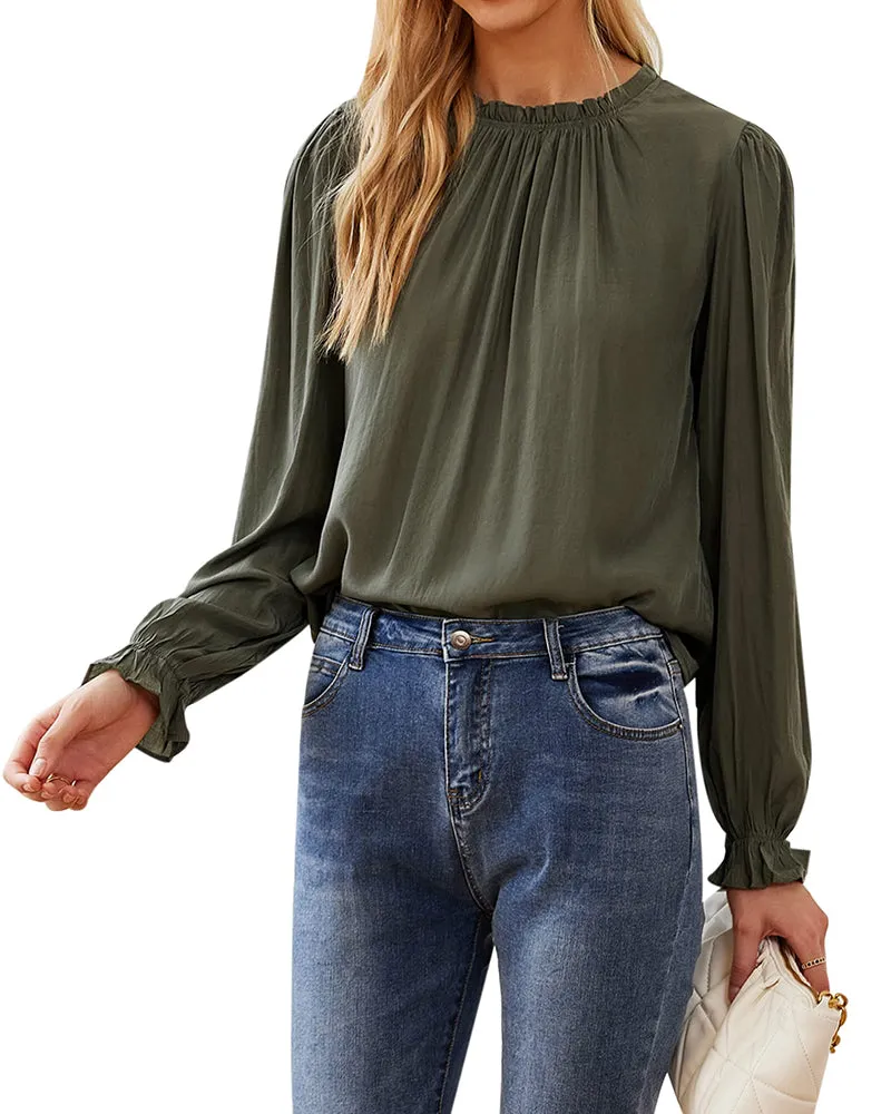 Women's Frill Mock Neck Blouse Long Sleeve Ruffle Shirt Top Elegant Office Tops S-XXL - Zeagoo (Us Only)