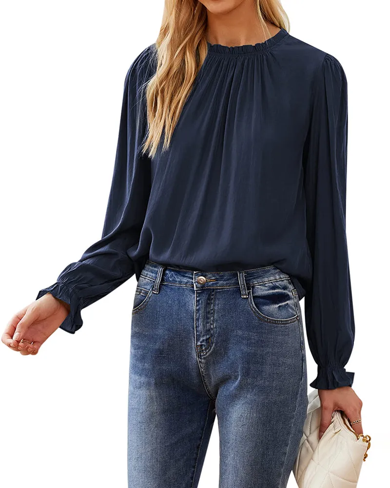 Women's Frill Mock Neck Blouse Long Sleeve Ruffle Shirt Top Elegant Office Tops S-XXL - Zeagoo (Us Only)