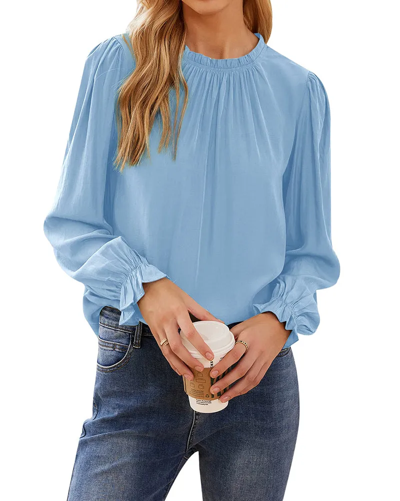 Women's Frill Mock Neck Blouse Long Sleeve Ruffle Shirt Top Elegant Office Tops S-XXL - Zeagoo (Us Only)