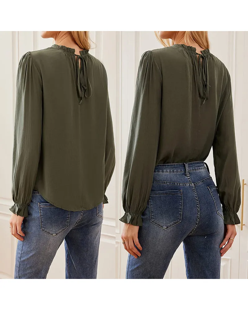 Women's Frill Mock Neck Blouse Long Sleeve Ruffle Shirt Top Elegant Office Tops S-XXL - Zeagoo (Us Only)