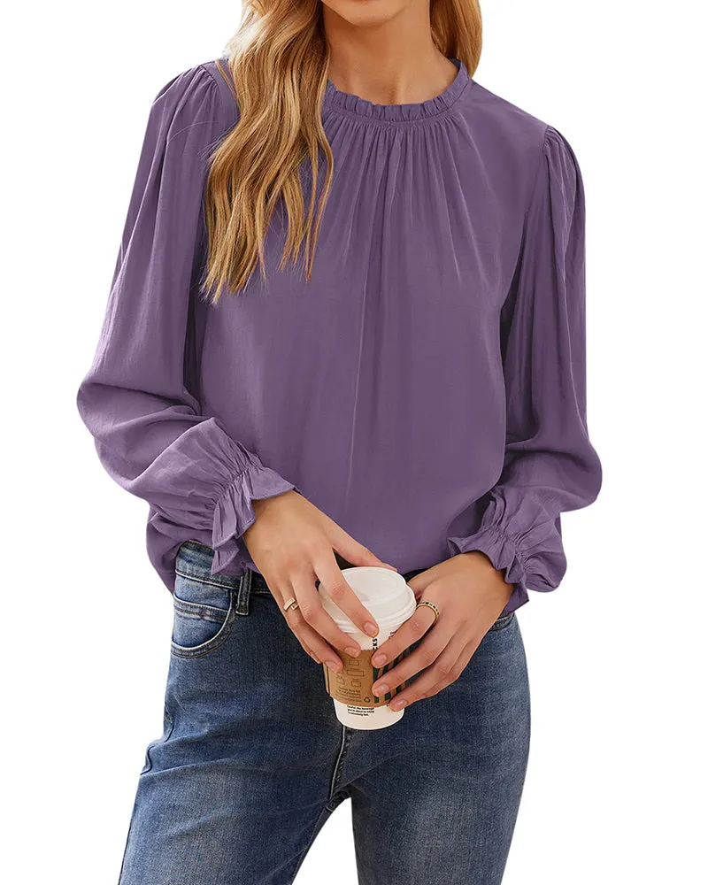 Women's Frill Mock Neck Blouse Long Sleeve Ruffle Shirt Top Elegant Office Tops S-XXL - Zeagoo (Us Only)