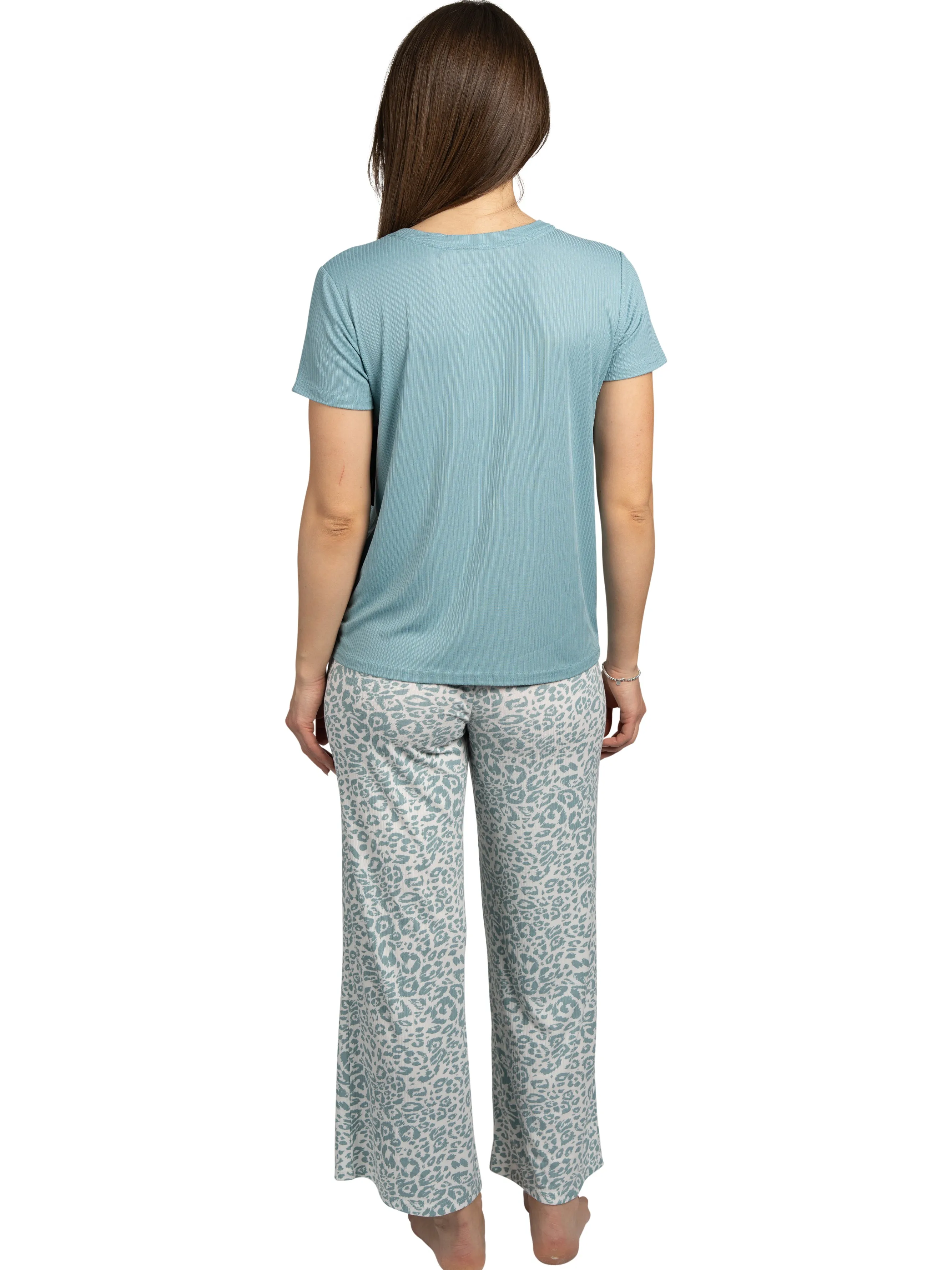 Women's "HELLO WEEKEND" 2-Piece Short Sleeve Top and Wide Leg Ribbed Pants Pajama Set