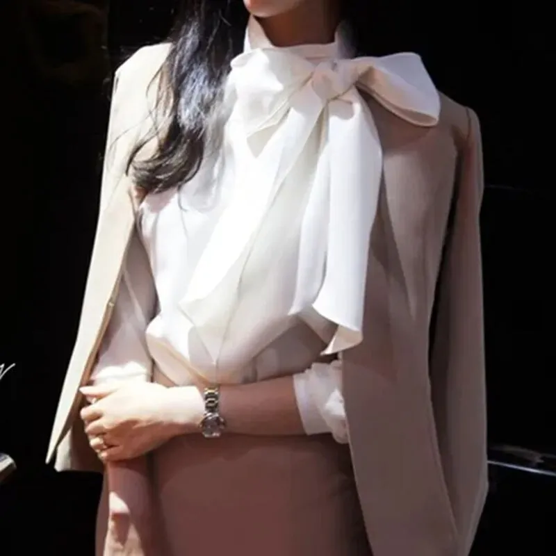 xakxx xakxx Black Friday Korean Women's Chiffon Blouses  Autumn New Fashion Bow Long Sleeve Shirt Black White Elegant Streetwear Woman Tops