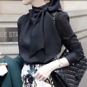 xakxx xakxx Black Friday Korean Women's Chiffon Blouses  Autumn New Fashion Bow Long Sleeve Shirt Black White Elegant Streetwear Woman Tops
