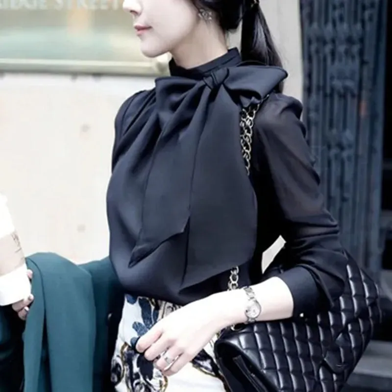 xakxx xakxx Black Friday Korean Women's Chiffon Blouses  Autumn New Fashion Bow Long Sleeve Shirt Black White Elegant Streetwear Woman Tops