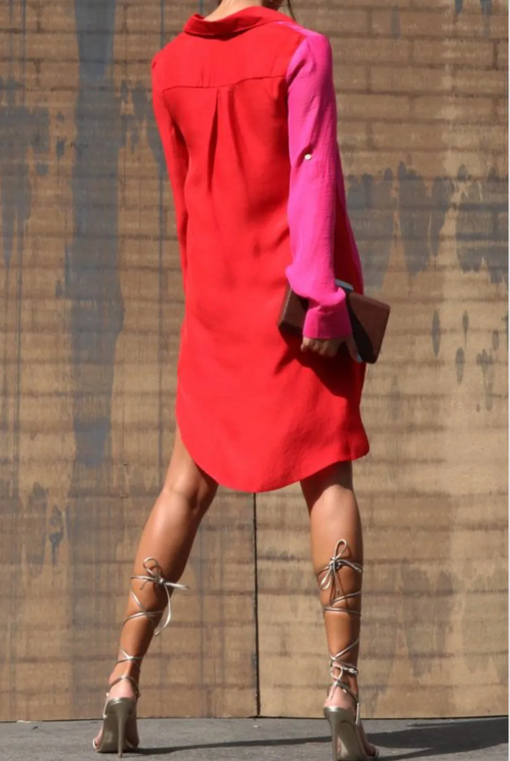 You Are Unique Pink/Red Long Sleeve Collard Color Block High Low Midi Button Up T-Shirt Dress