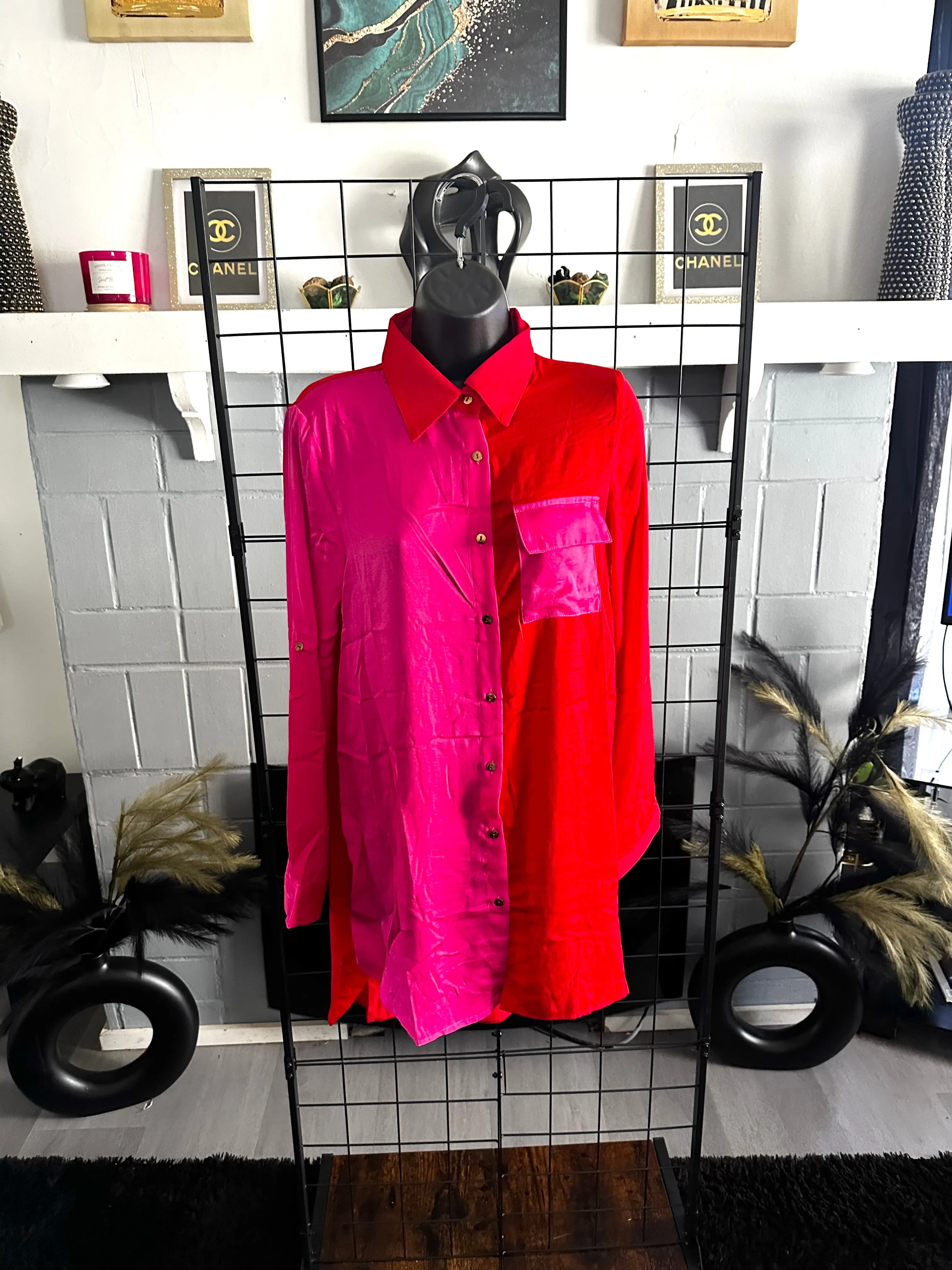 You Are Unique Pink/Red Long Sleeve Collard Color Block High Low Midi Button Up T-Shirt Dress