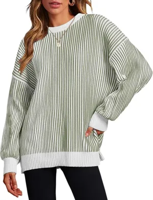 Zeagoo Women 2024 Winter Oversized Sweater Crew Neck Long Sleeve Color Block Pullover Rib Knit Blouse Tops XS-2XL