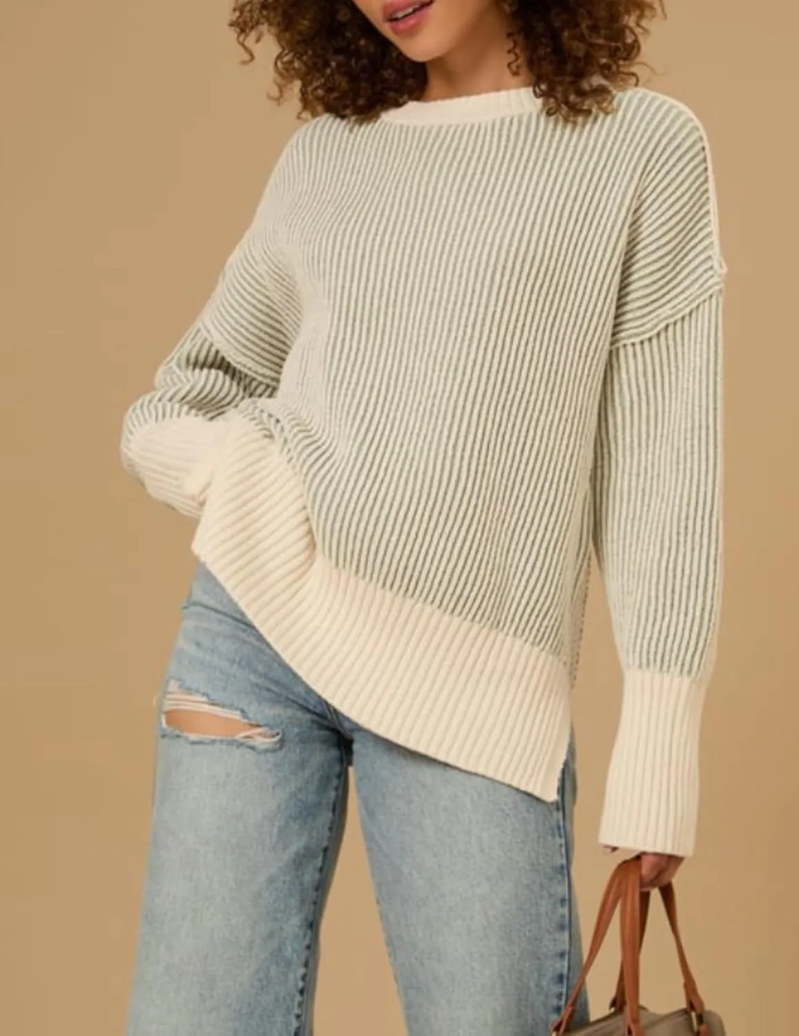 Zeagoo Women 2024 Winter Oversized Sweater Crew Neck Long Sleeve Color Block Pullover Rib Knit Blouse Tops XS-2XL