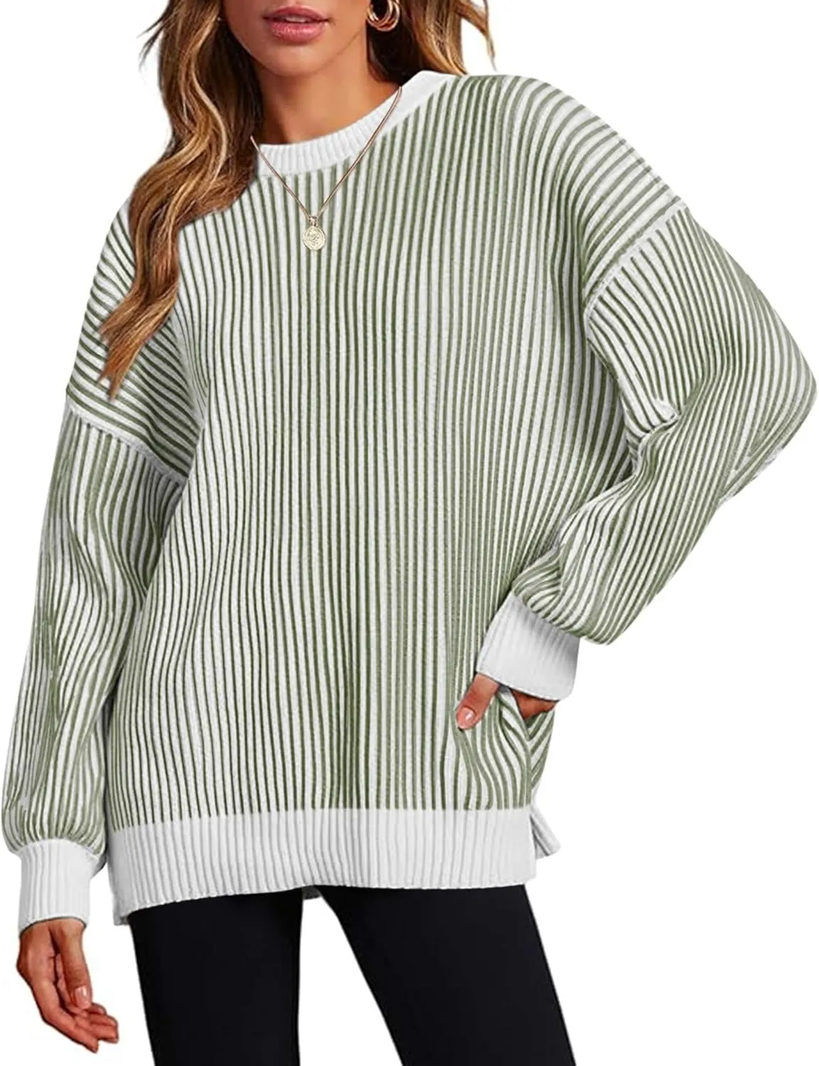 Zeagoo Women 2024 Winter Oversized Sweater Crew Neck Long Sleeve Color Block Pullover Rib Knit Blouse Tops XS-2XL
